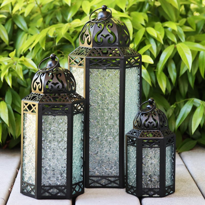 Vela Lanterns فوانيس فيلا المغربية مجموعة ديكورية من 3 لفرش الأرض، زينة رمضان، ديكور داخلي للمنزل، فناء خارجي أو شرفة، حفلات الزفاف، شفاف - Image 4